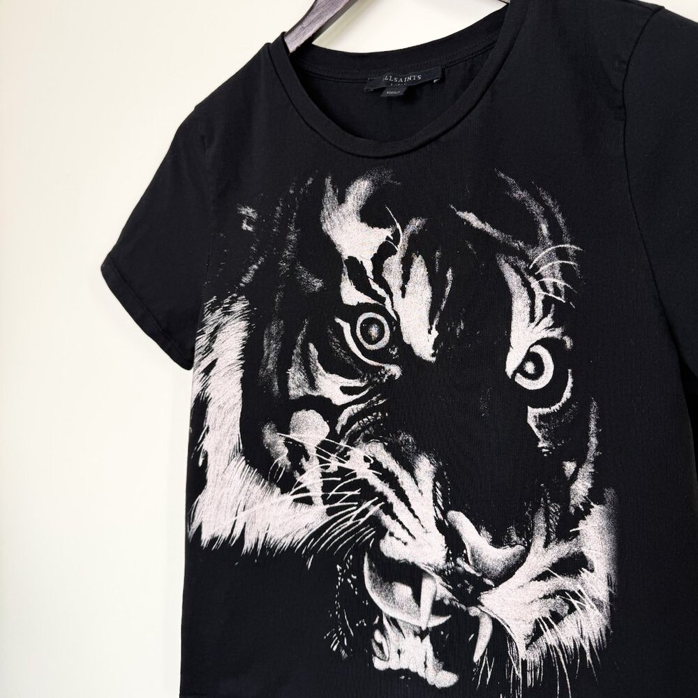 AllSaints Tiger Turin Bela Black + White Women's Baby Tee - Size Large - Picture 2 of 8